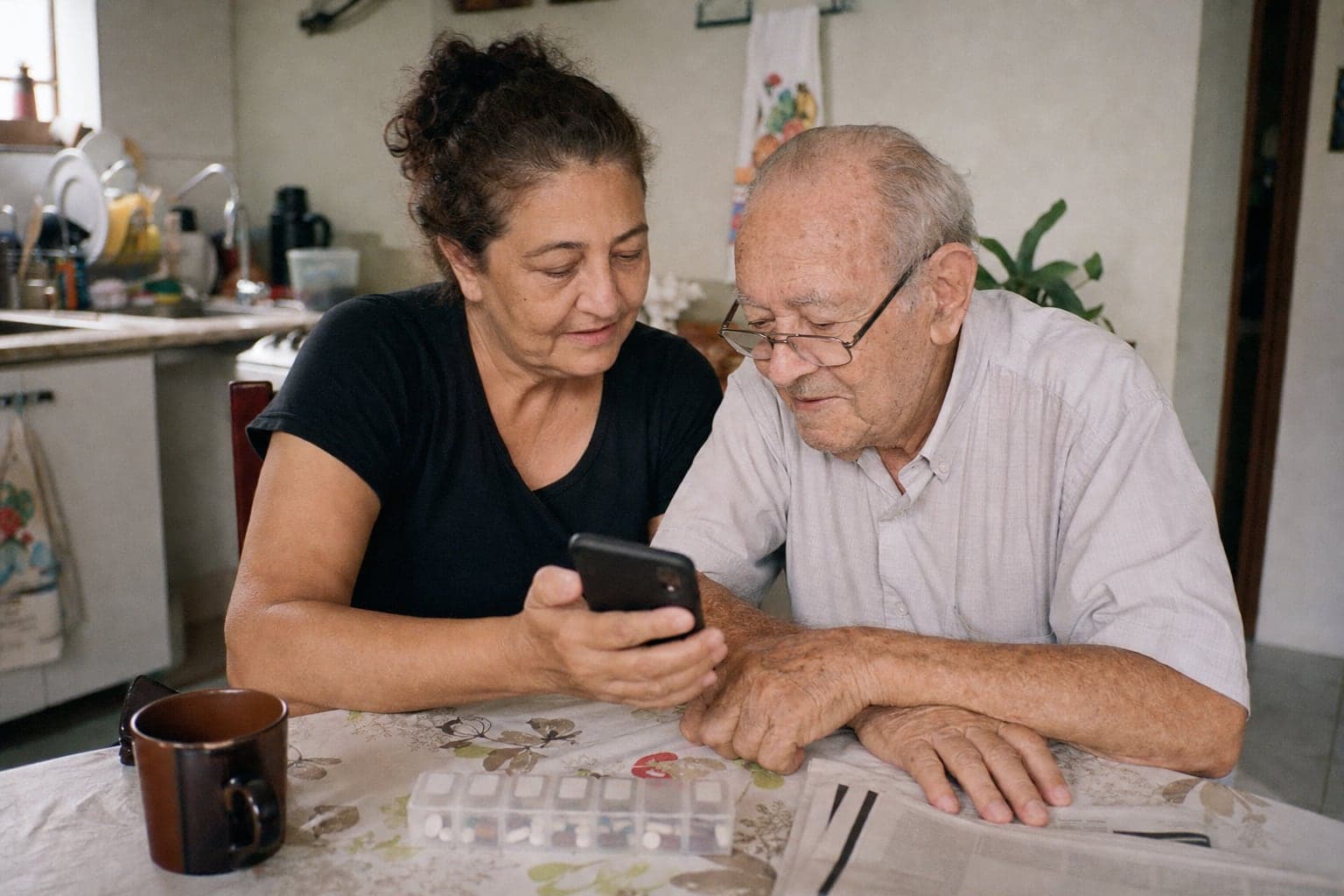 Filha adulta e o pai idoso olham juntos a tela de um celular na mesa da cozinha