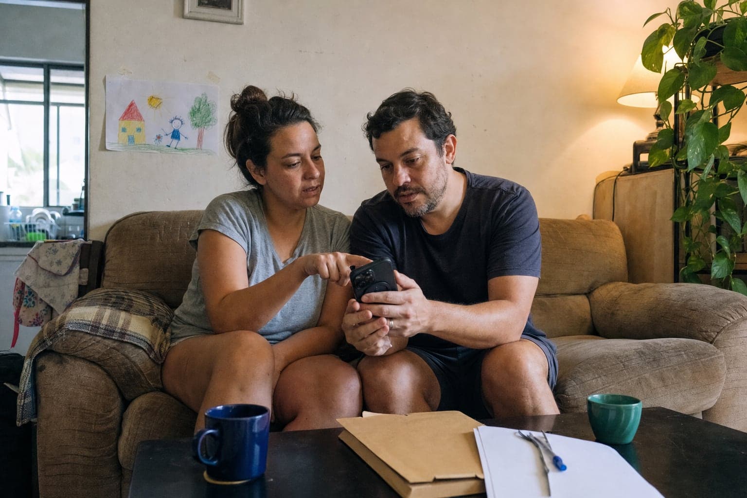 Casal sentado no sofá compara algo no celular, com papéis e uma pasta sobre a mesa de centro