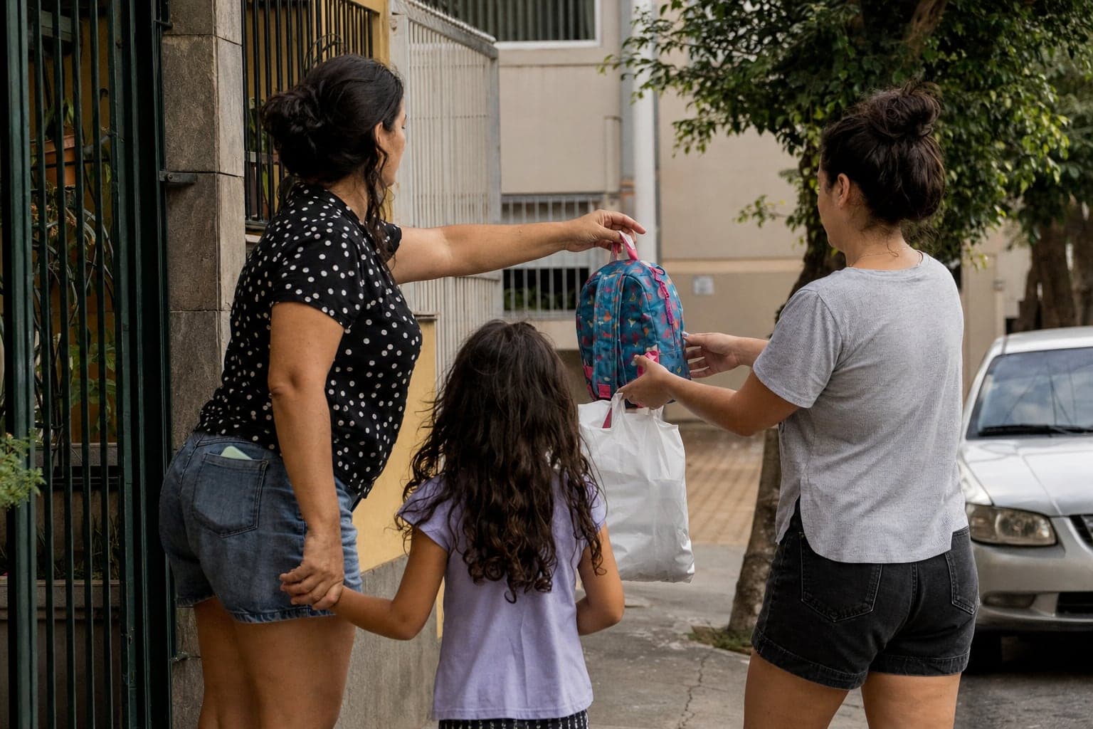 Na calçada, um adulto entrega uma mochila pequena a outro, com a criança de mãos dadas entre os dois