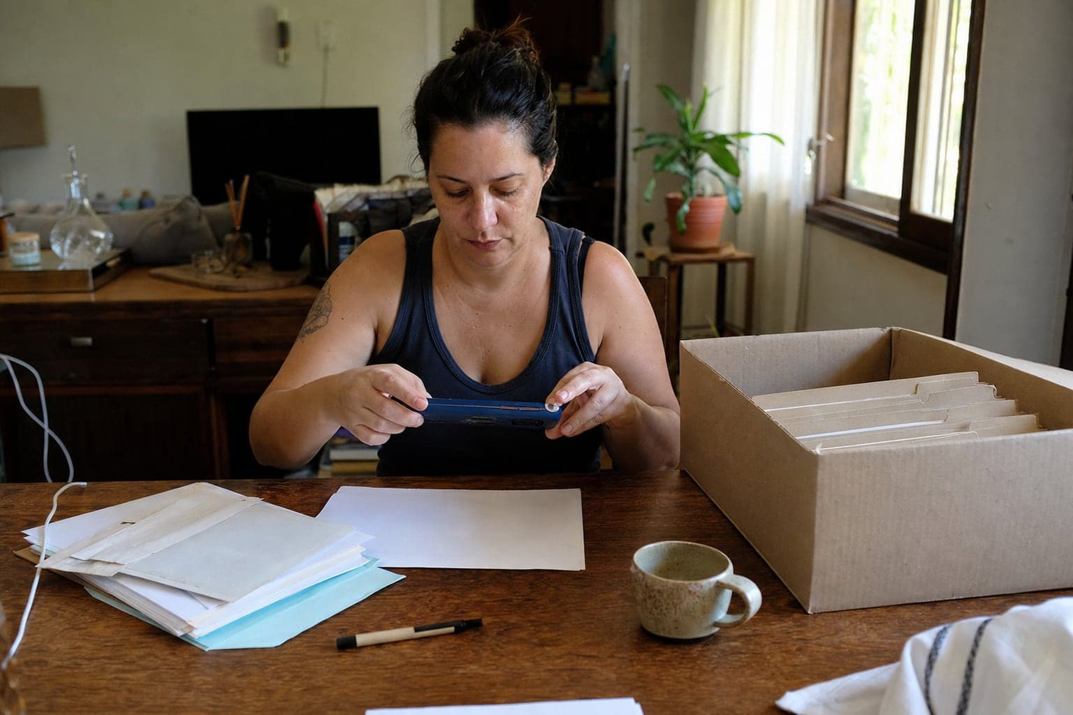 Mulher fotografa um documento com o celular à mesa, ao lado de envelopes e de uma caixa-arquivo aberta