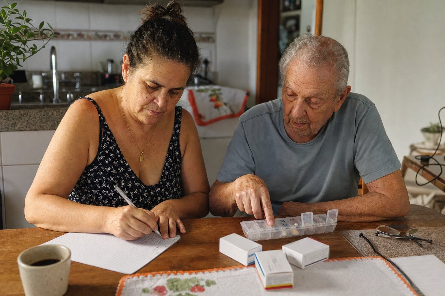 Filha anota numa folha enquanto o pai idoso aponta para a caixinha semanal de comprimidos, na mesa da cozinha