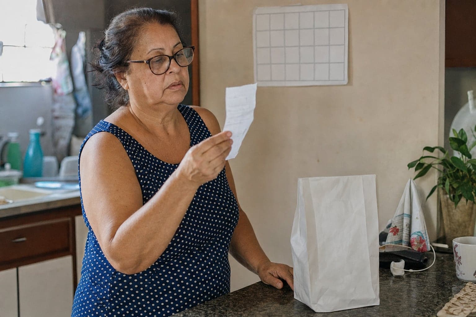 Mulher de óculos lê uma receita no balcão da cozinha, ao lado de um saco de farmácia